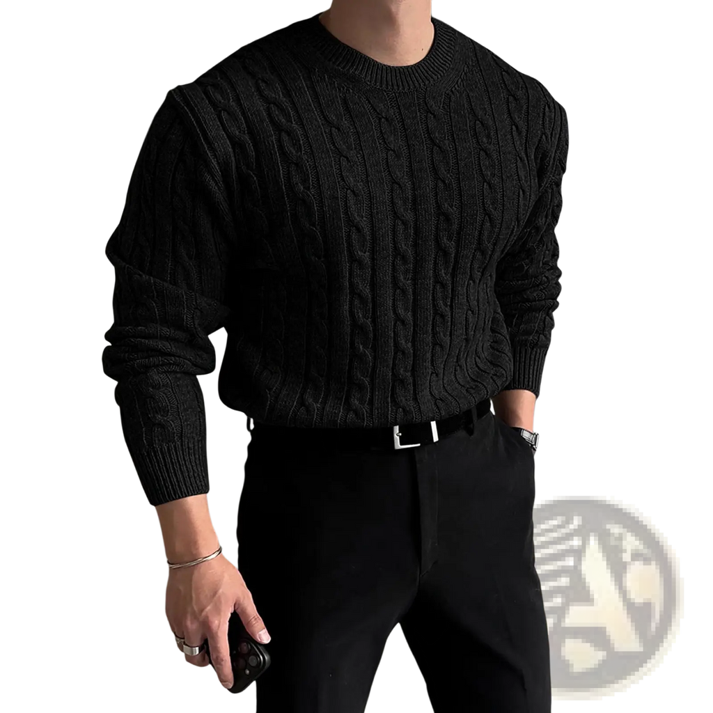 Men thick black cable knit sweater with ribbed crew neck and cuffs ideal for cold weather layering