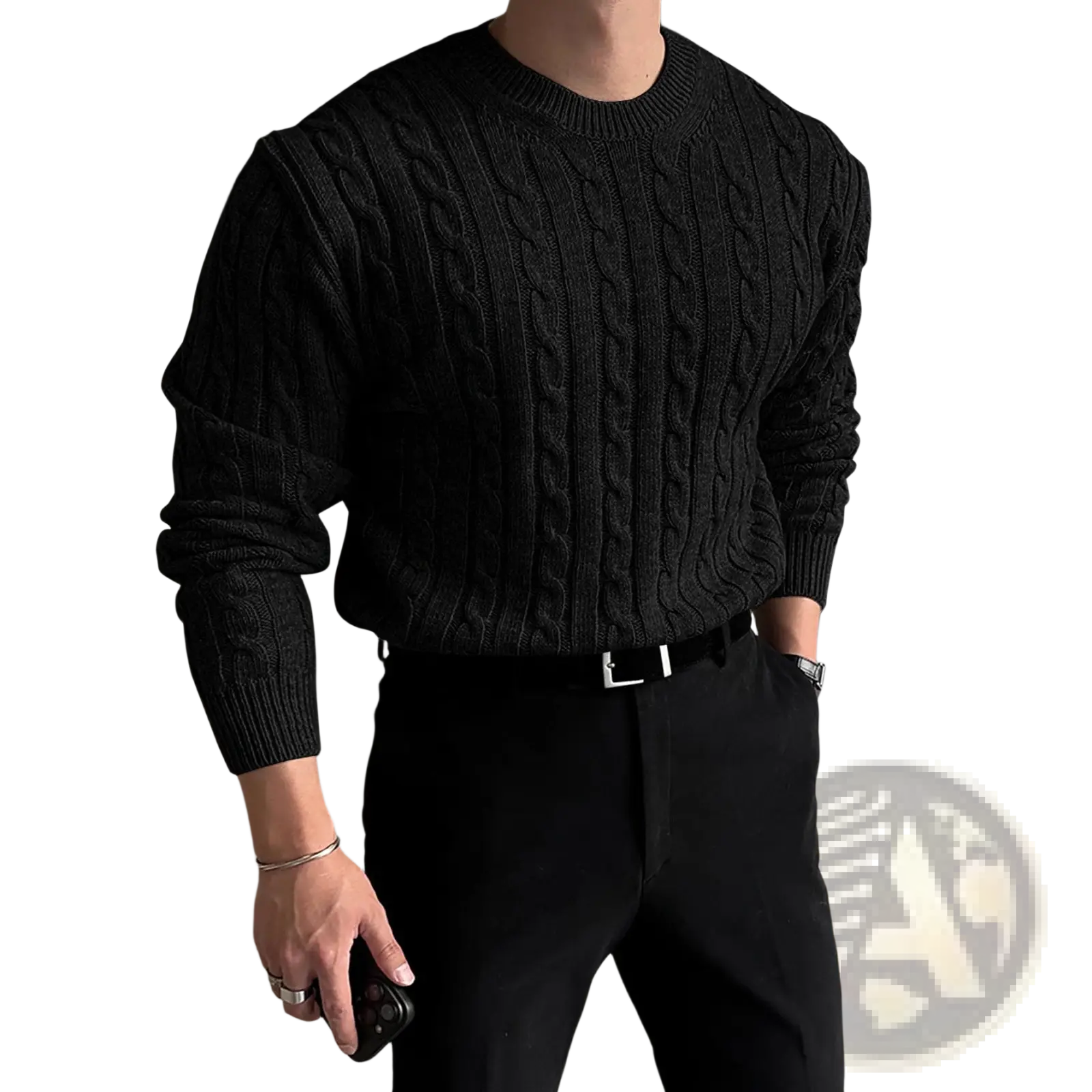 Men thick black cable knit sweater with ribbed crew neck and cuffs ideal for cold weather layering