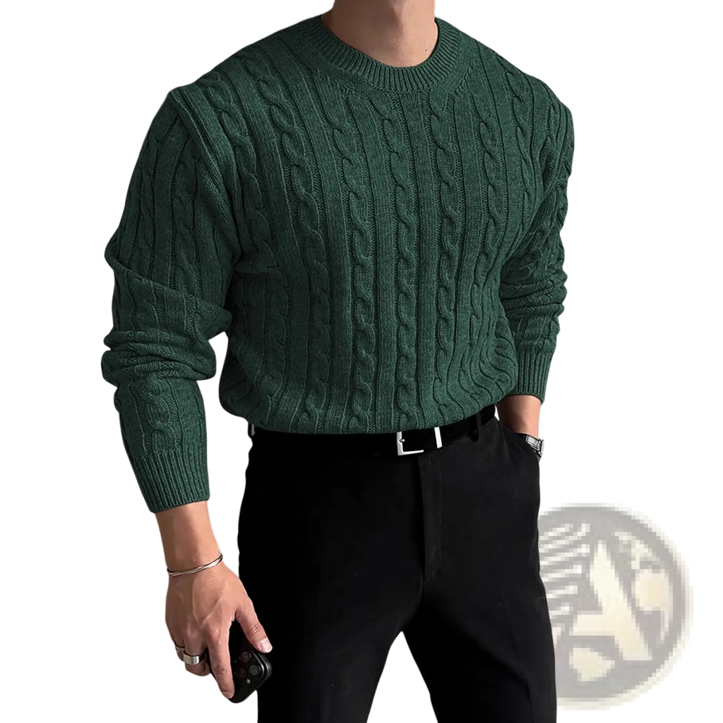 Dark green thick cable knit sweater with ribbed crew neck and cuffs for men in warm wool material