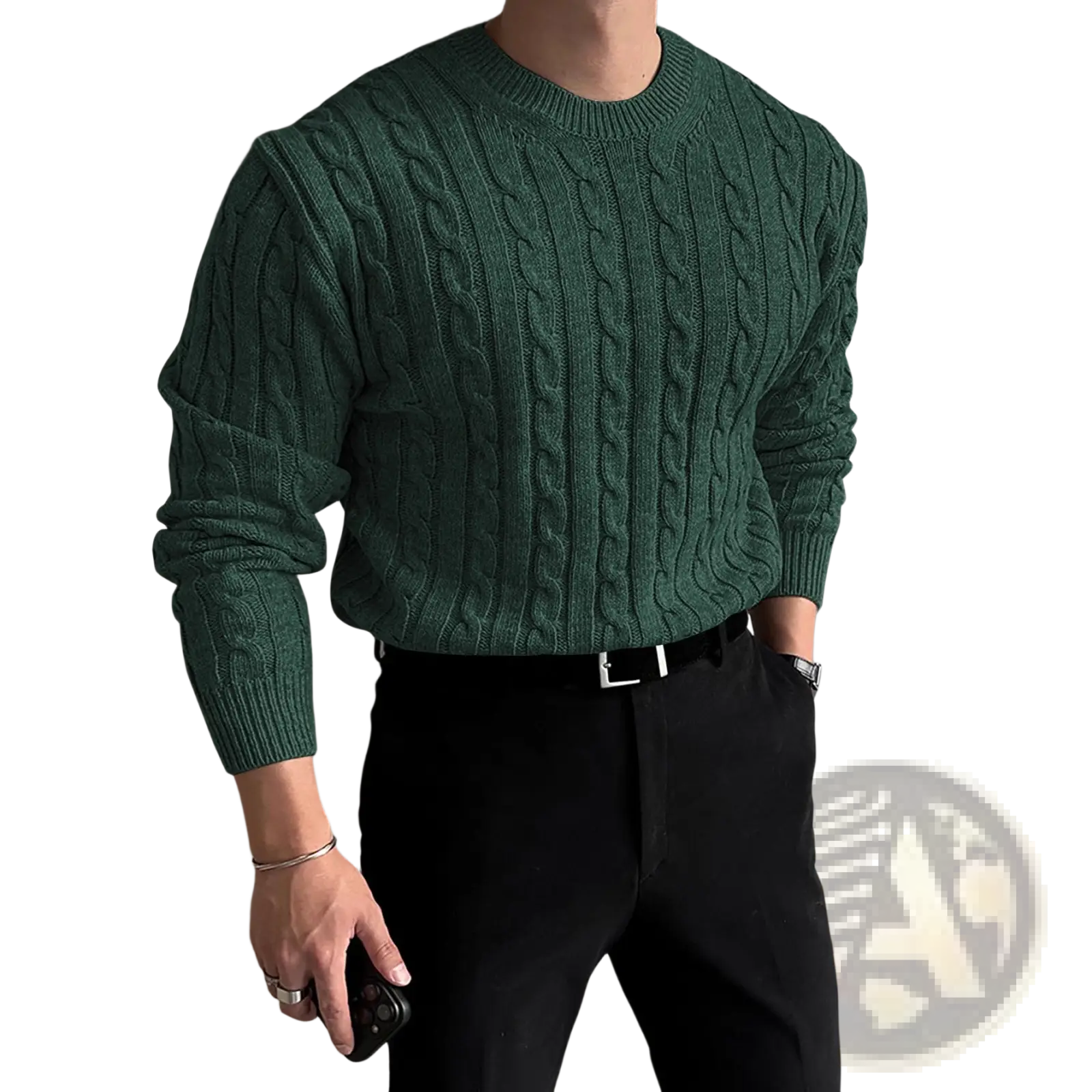 Dark green thick cable knit sweater with ribbed crew neck and cuffs for men in warm wool material