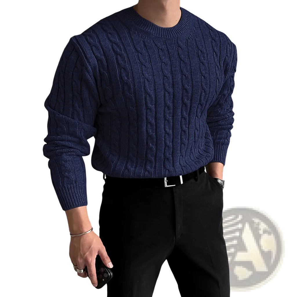 Navy blue men thick cable knit turtleneck sweater with ribbed cuffs and neckline, perfect for cold weather