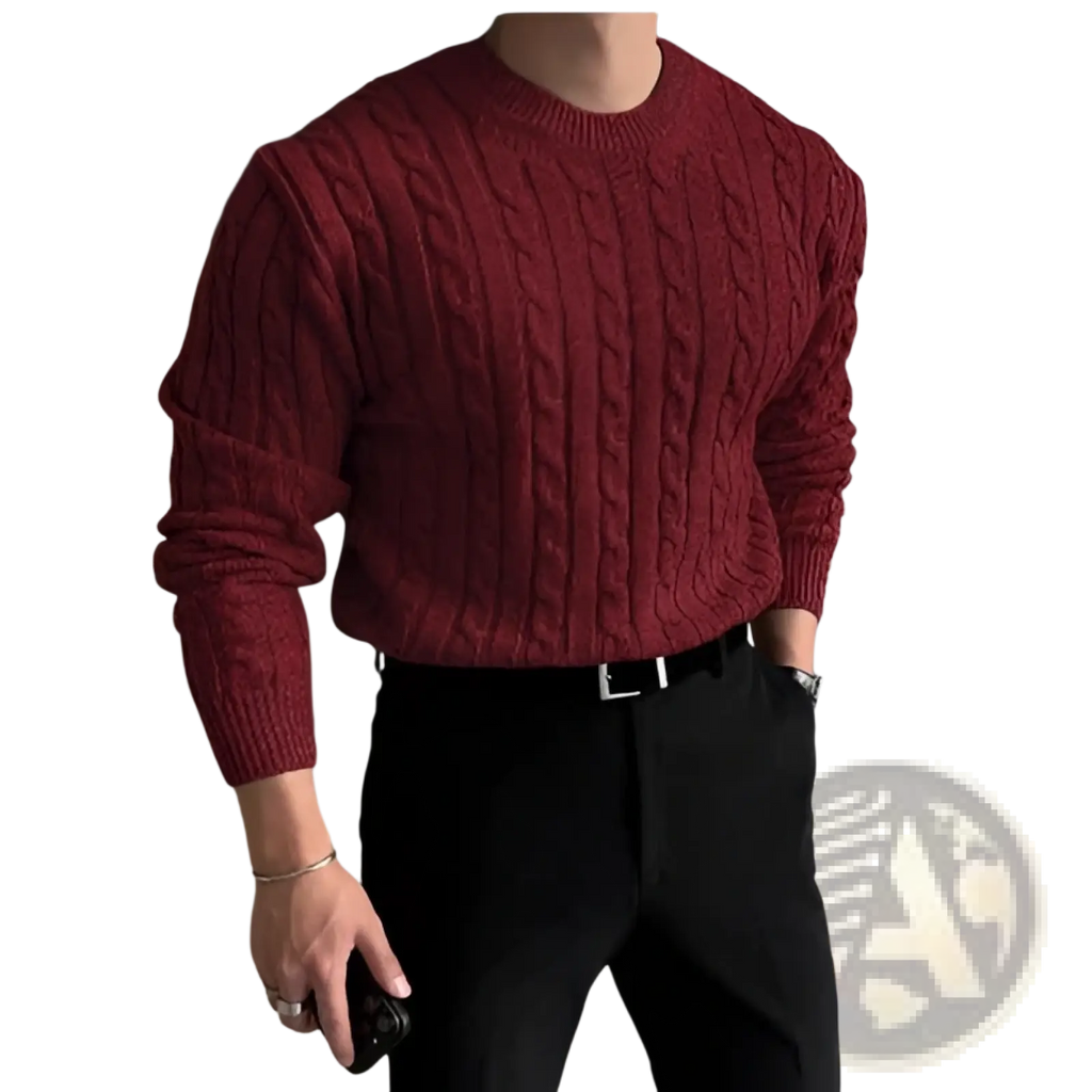 Men thick cable knit turtleneck sweater in rich burgundy with classic crew neck and ribbed cuffs in thick knit material