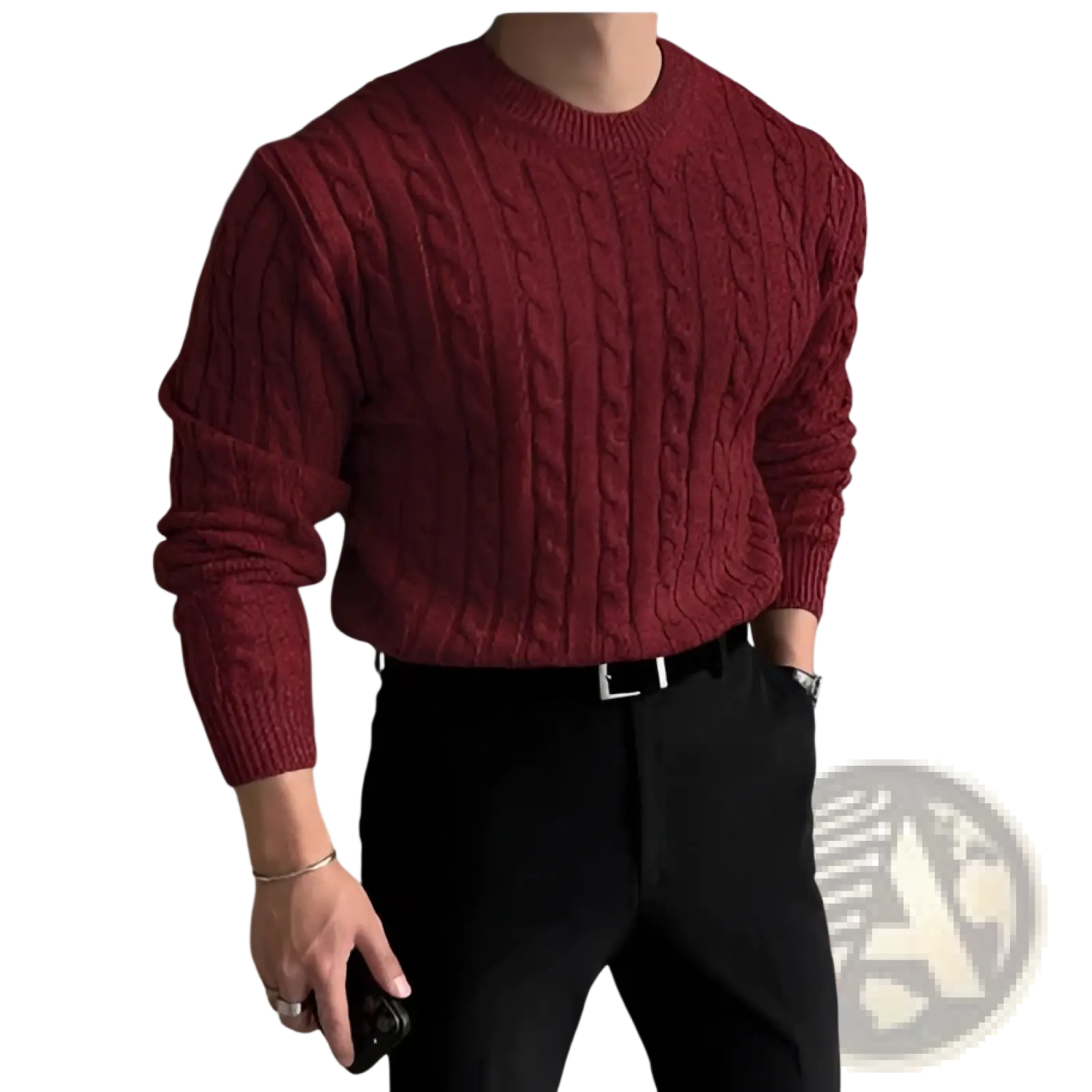 Men thick cable knit turtleneck sweater in rich burgundy with classic crew neck and ribbed cuffs in thick knit material