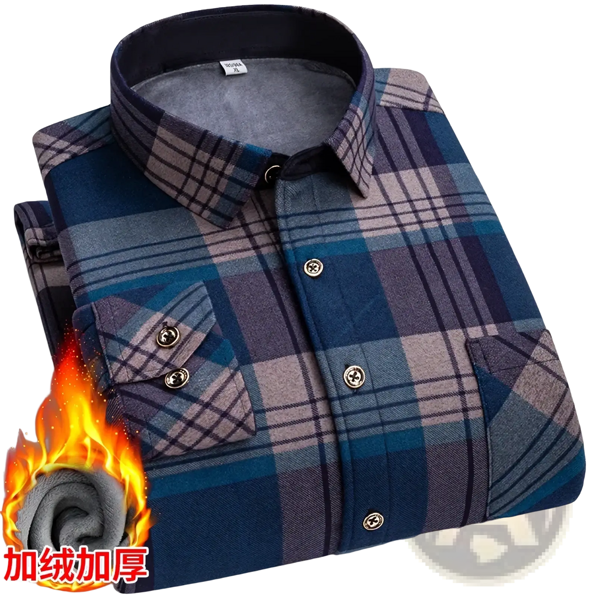 Men thick fleece plaid shirt in blue and gray with soft fleece-lined collar plus size 8xl for warmth and comfort