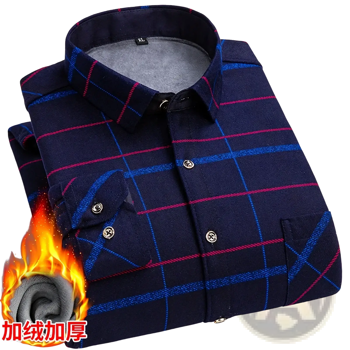 Men thick fleece plaid shirt plus size 8xl in dark blue with red and navy stripes, button-down collar, and chest pockets