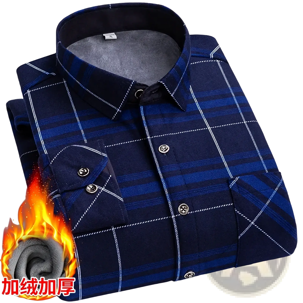 Men thick fleece plaid shirt plus size 8xl navy blue with white stitching silver buttons and cozy gray fleece lining