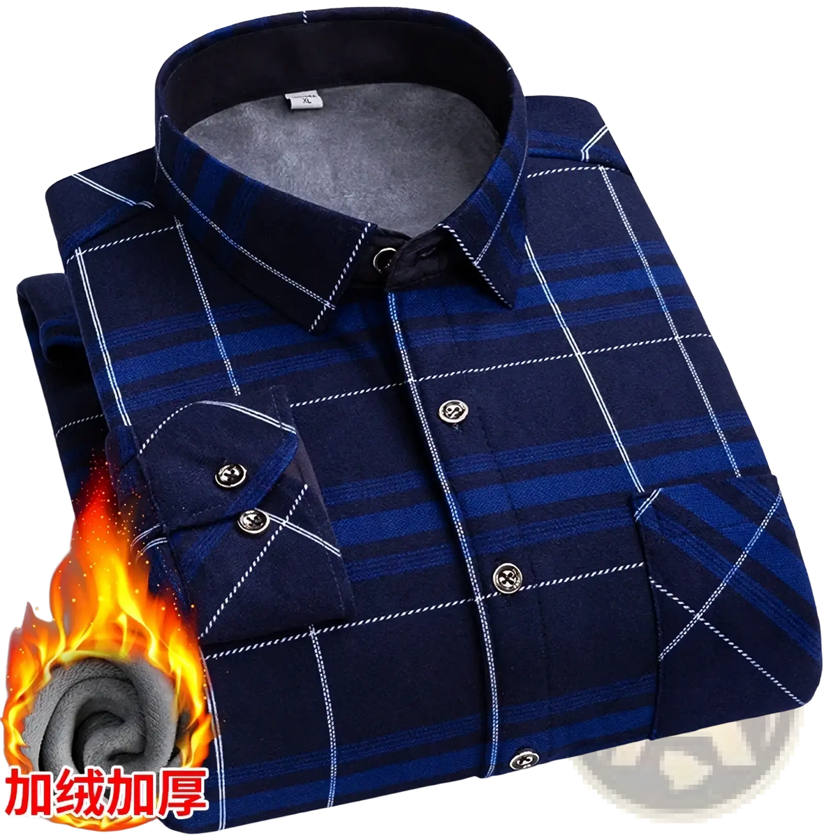 Men thick fleece plaid shirt plus size 8xl navy blue with white stitching silver buttons and cozy gray fleece lining