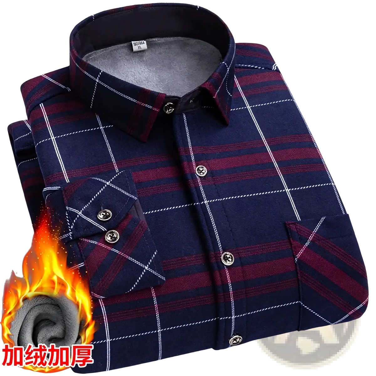 Men thick fleece plaid shirt plus size 8xl navy blue and maroon long-sleeved flannel with white grid lines and button-down collar