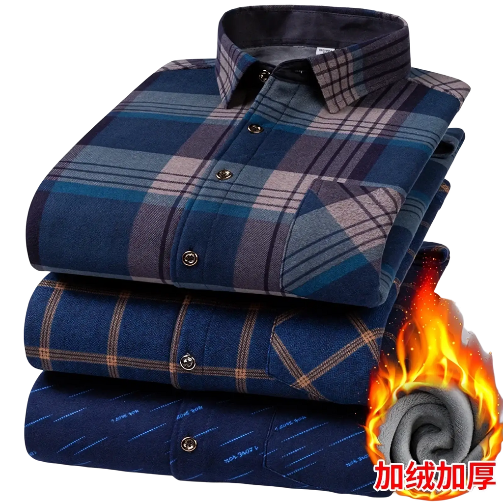 Stacked men thick fleece plaid shirts in navy blue and brown tones featuring cozy fleece lining in plus size 8xl