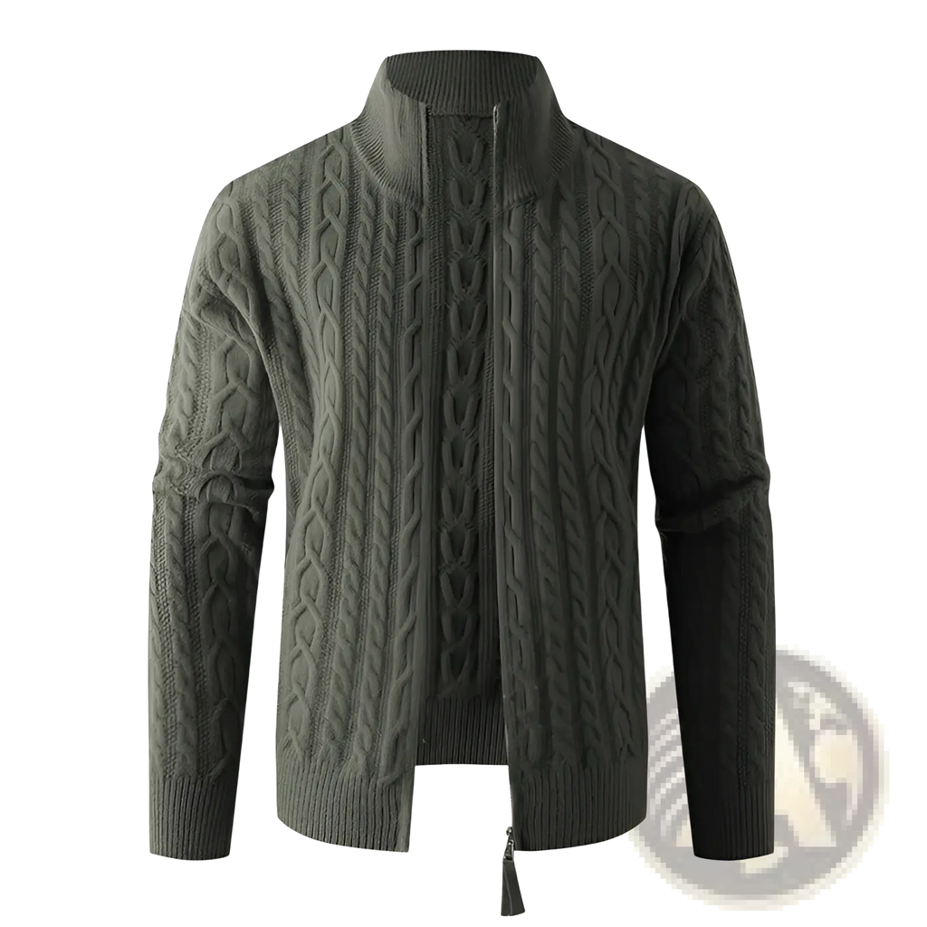 Men thick half zip cable knit sweater in dark olive green with high collar and ribbed cuffs made from thick knit material