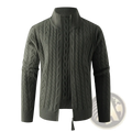 Men thick half zip cable knit sweater in dark olive green with high collar and ribbed cuffs made from thick knit material