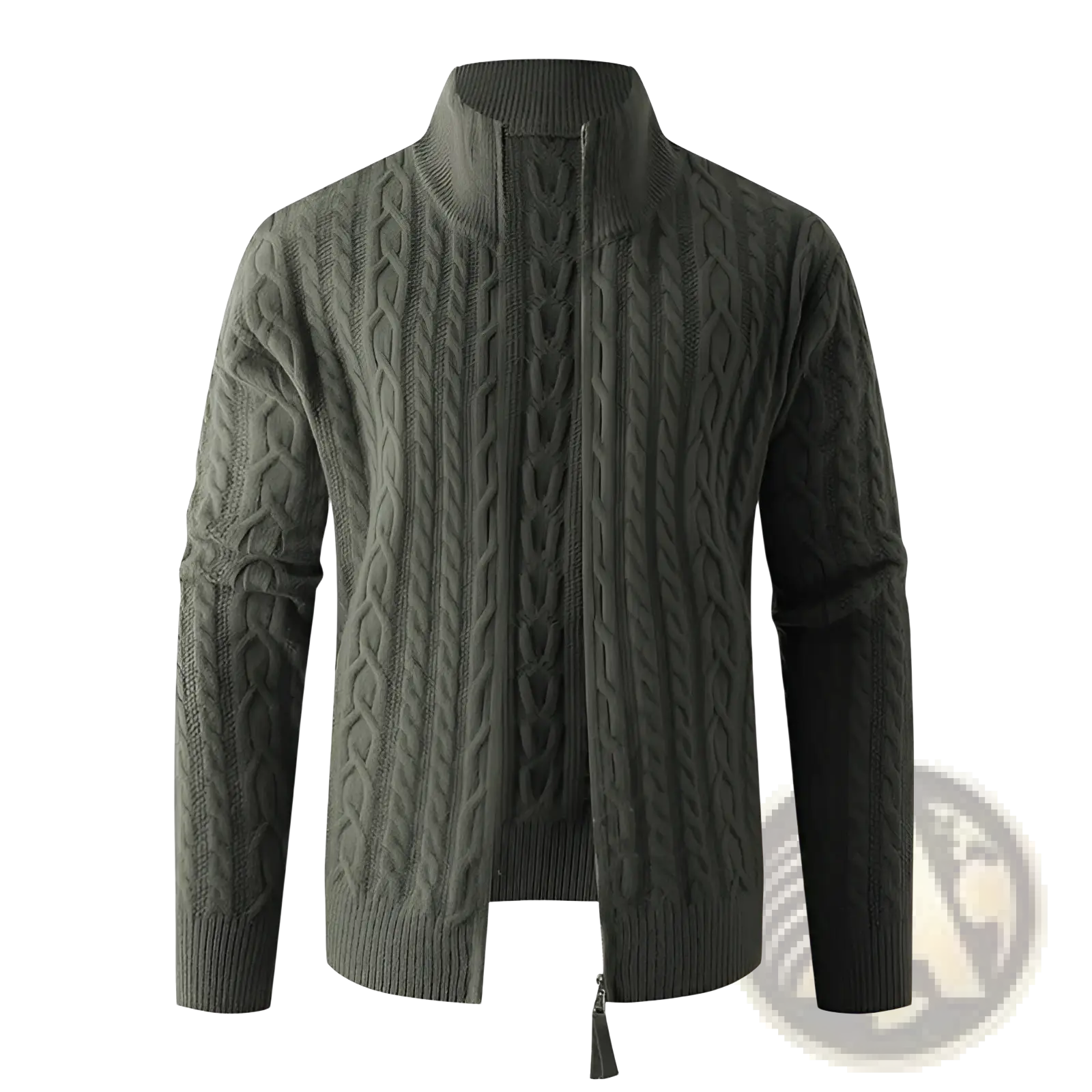 Men thick half zip cable knit sweater in dark olive green with high collar and ribbed cuffs made from thick knit material