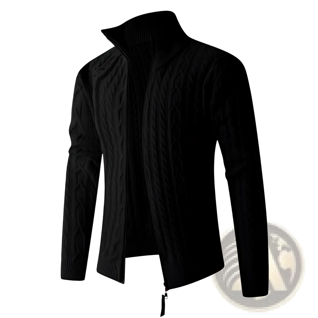 Men thick black cable knit zip-up sweater with high collar and ribbed cuffs made of warm material