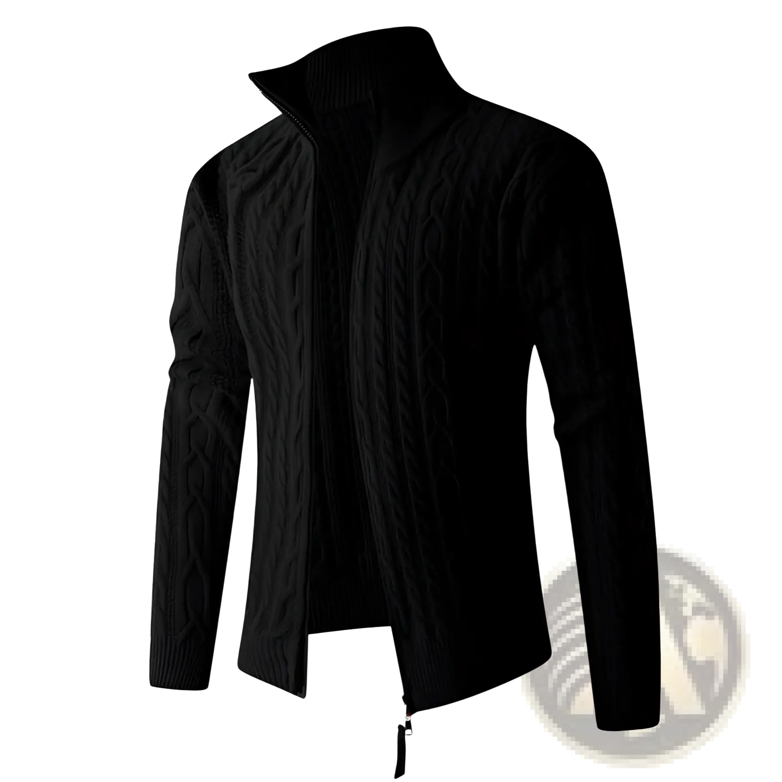 Men thick black cable knit zip-up sweater with high collar and ribbed cuffs made of warm material