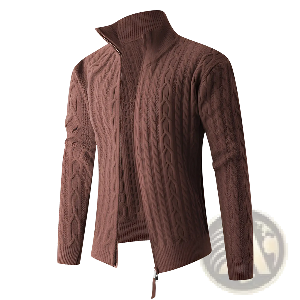 Brown thick cable knit zip-up sweater for men with high collar and ribbed cuffs in a warm design