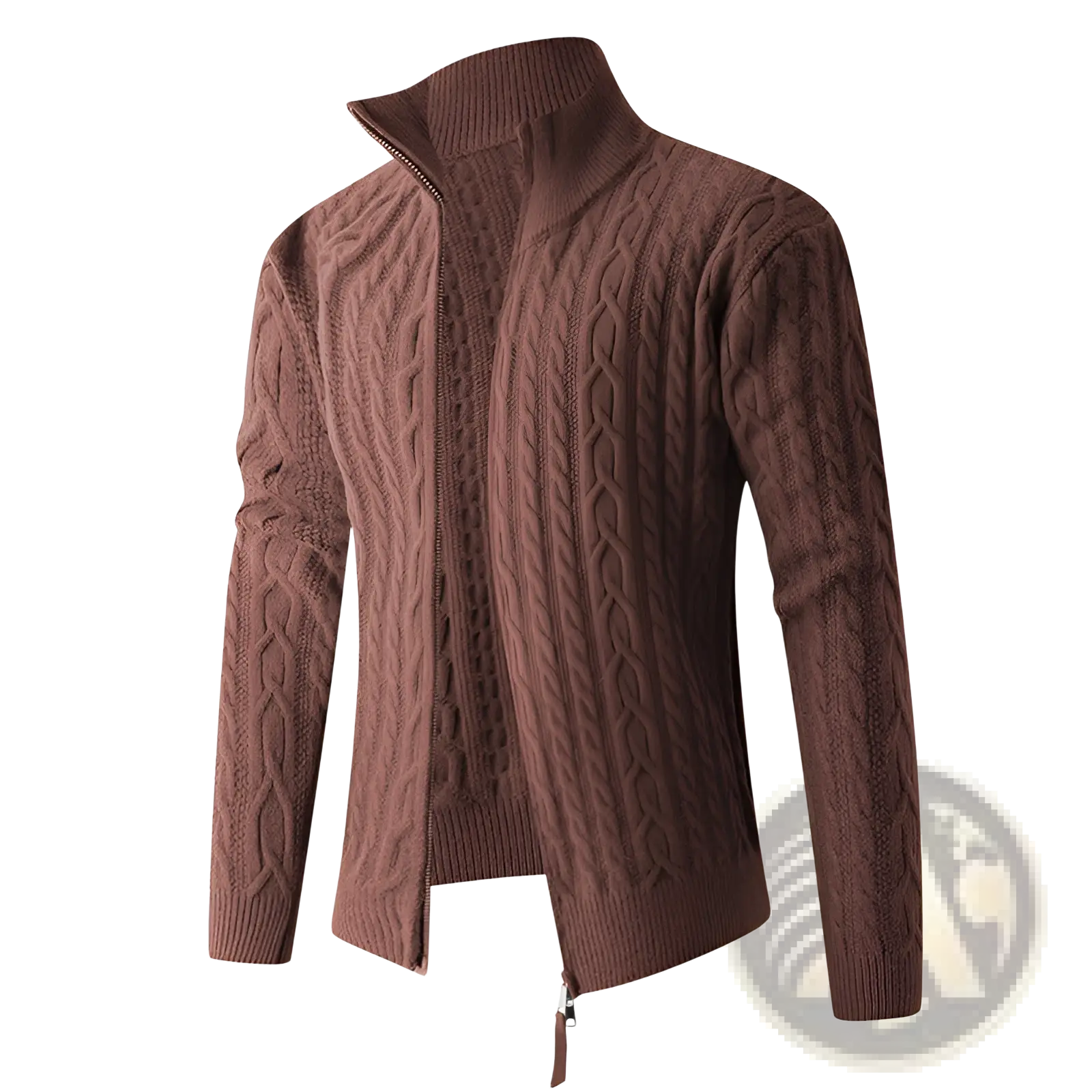 Brown thick cable knit zip-up sweater for men with high collar and ribbed cuffs in a warm design