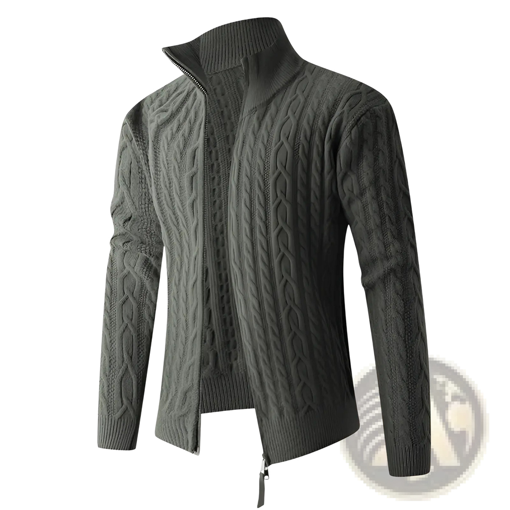 Men thick half zip cable knit sweater in dark gray with high collar and ribbed cuffs made of thick knit material