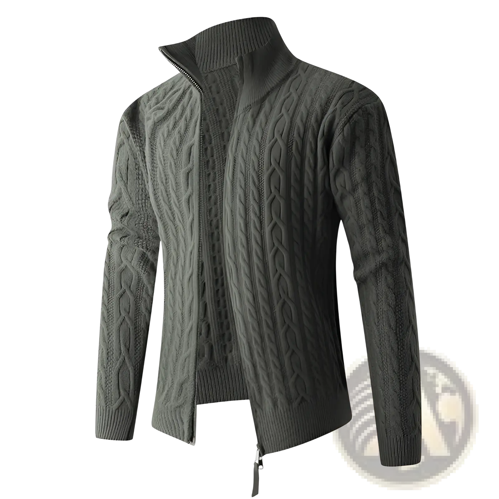 Men thick half zip cable knit sweater in dark gray with high collar and ribbed cuffs made of thick knit material