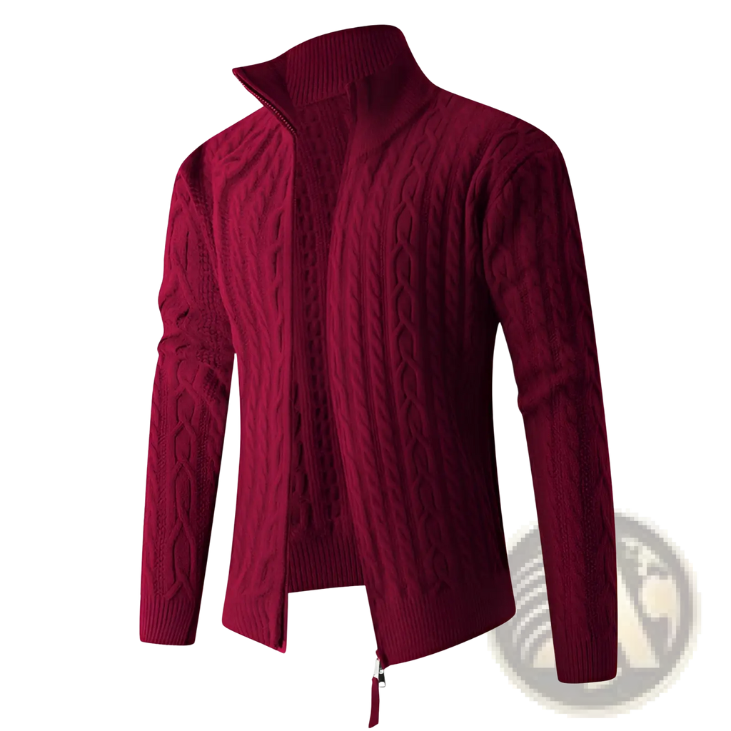 Men thick half zip cable knit sweater in rich burgundy with high collar and ribbed cuffs made from warm material