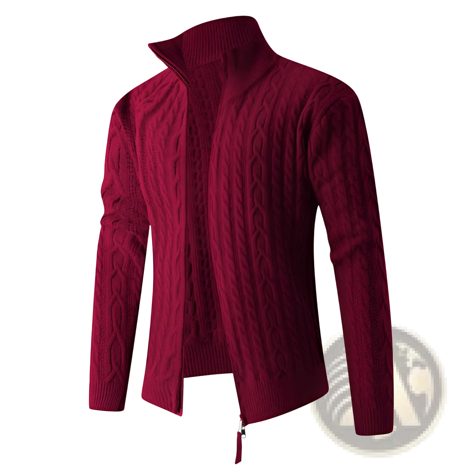 Men thick half zip cable knit sweater in rich burgundy with high collar and ribbed cuffs made from warm material