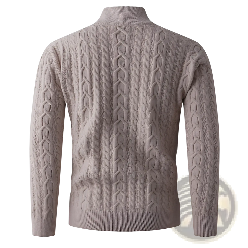 Men thick half zip taupe cable knit sweater with high collar long sleeves and ribbed cuffs made of thick knit material