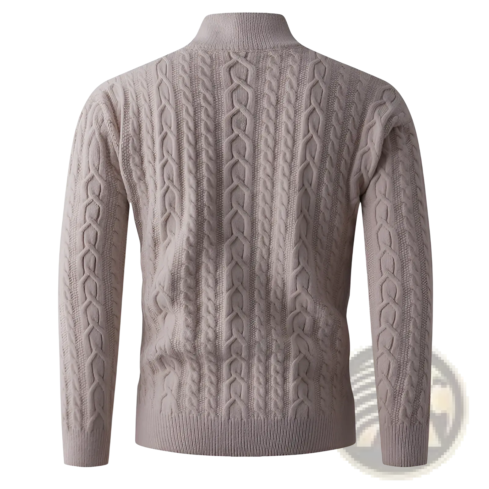 Men thick half zip taupe cable knit sweater with high collar long sleeves and ribbed cuffs made of thick knit material