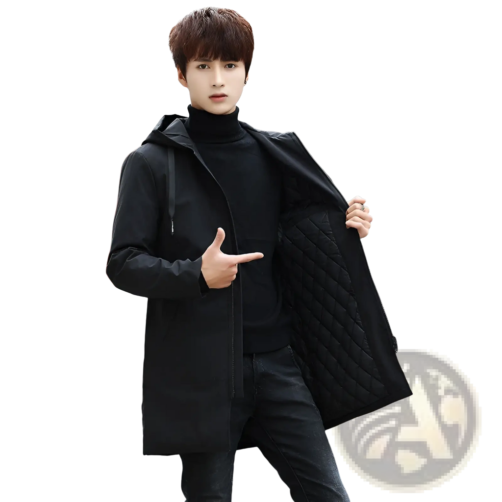 Men thick black quilted hooded winter jacket with zipper front and drawstring hood for cold weather use