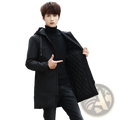 Men thick black quilted hooded winter jacket with zipper front and drawstring hood for cold weather use