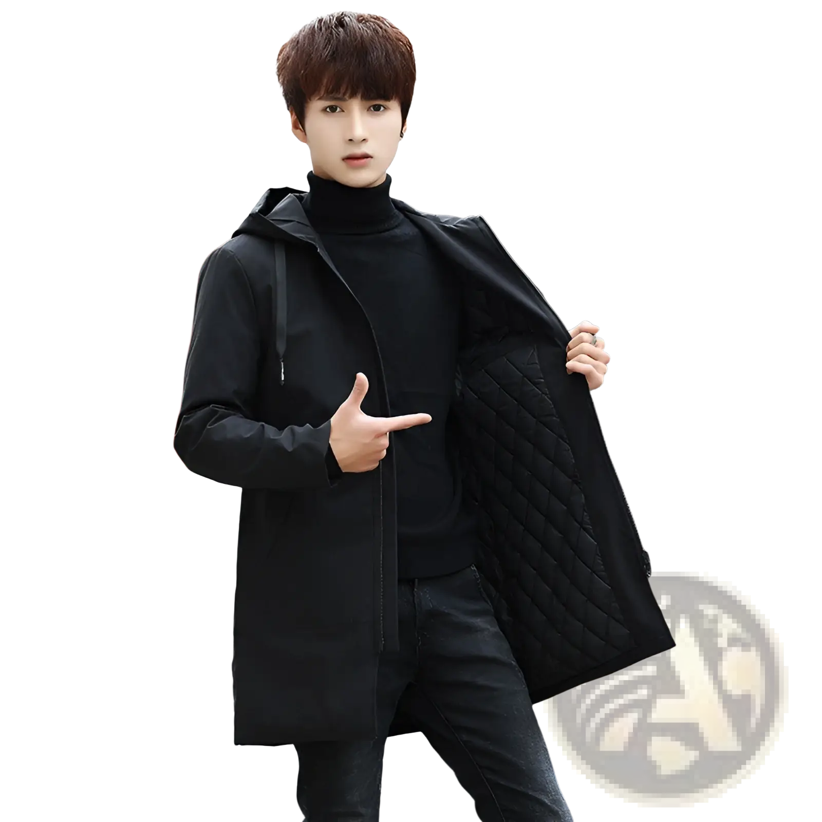 Men thick black quilted hooded winter jacket with zipper front and drawstring hood for cold weather use