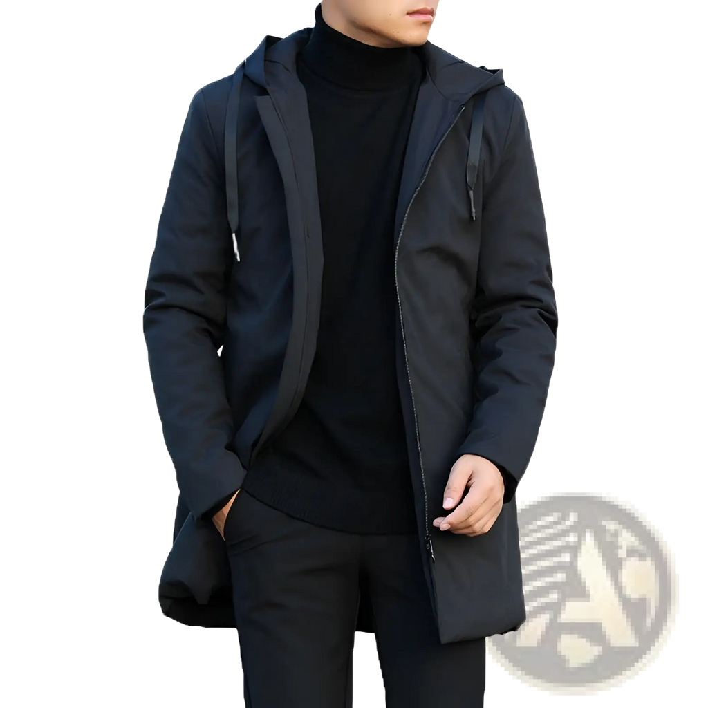 Men thick hooded winter jacket in black with sleek modern design and subtle zipper detailing for cold weather use