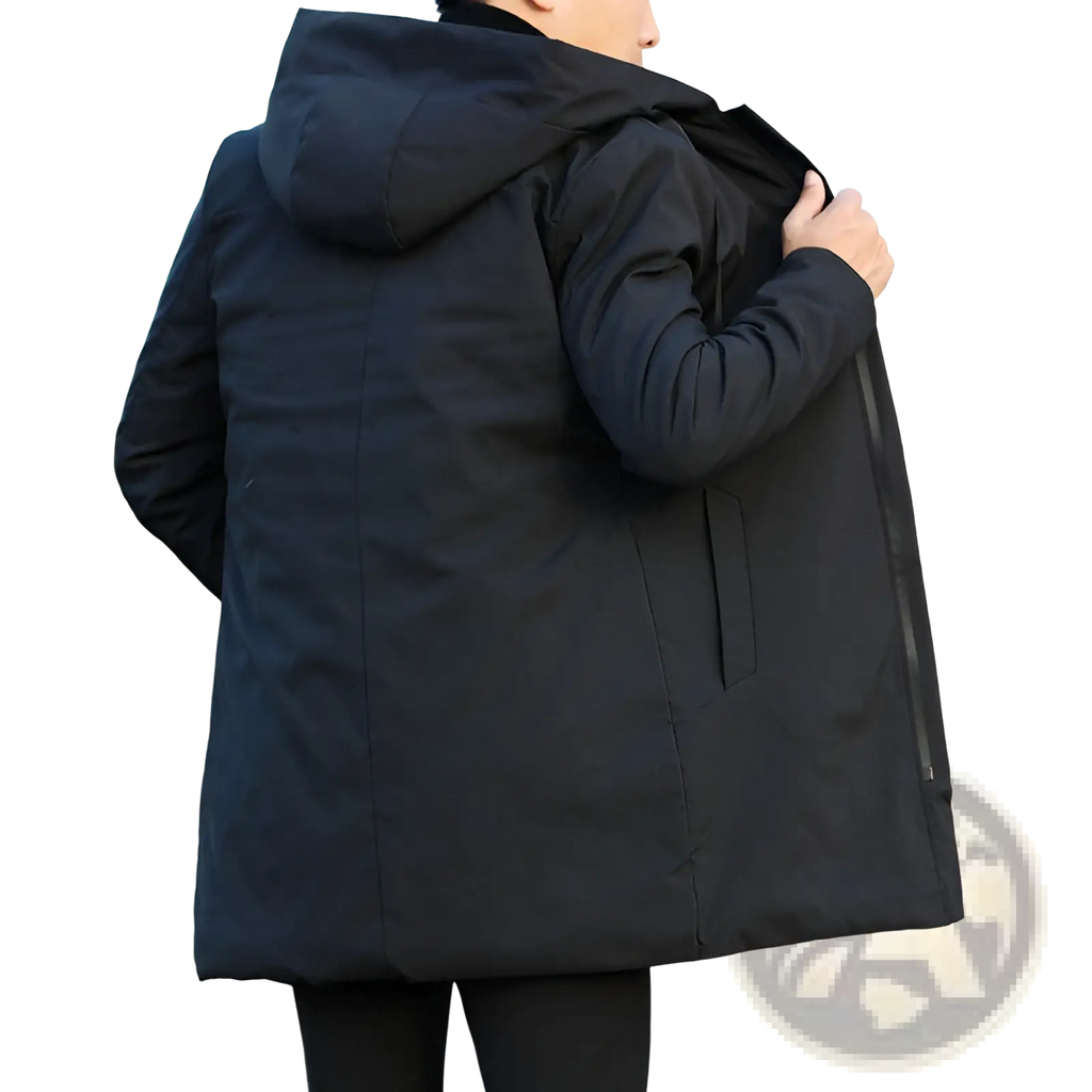 Men thick hooded winter jacket in black puffer style with zipper closure designed for cold weather protection