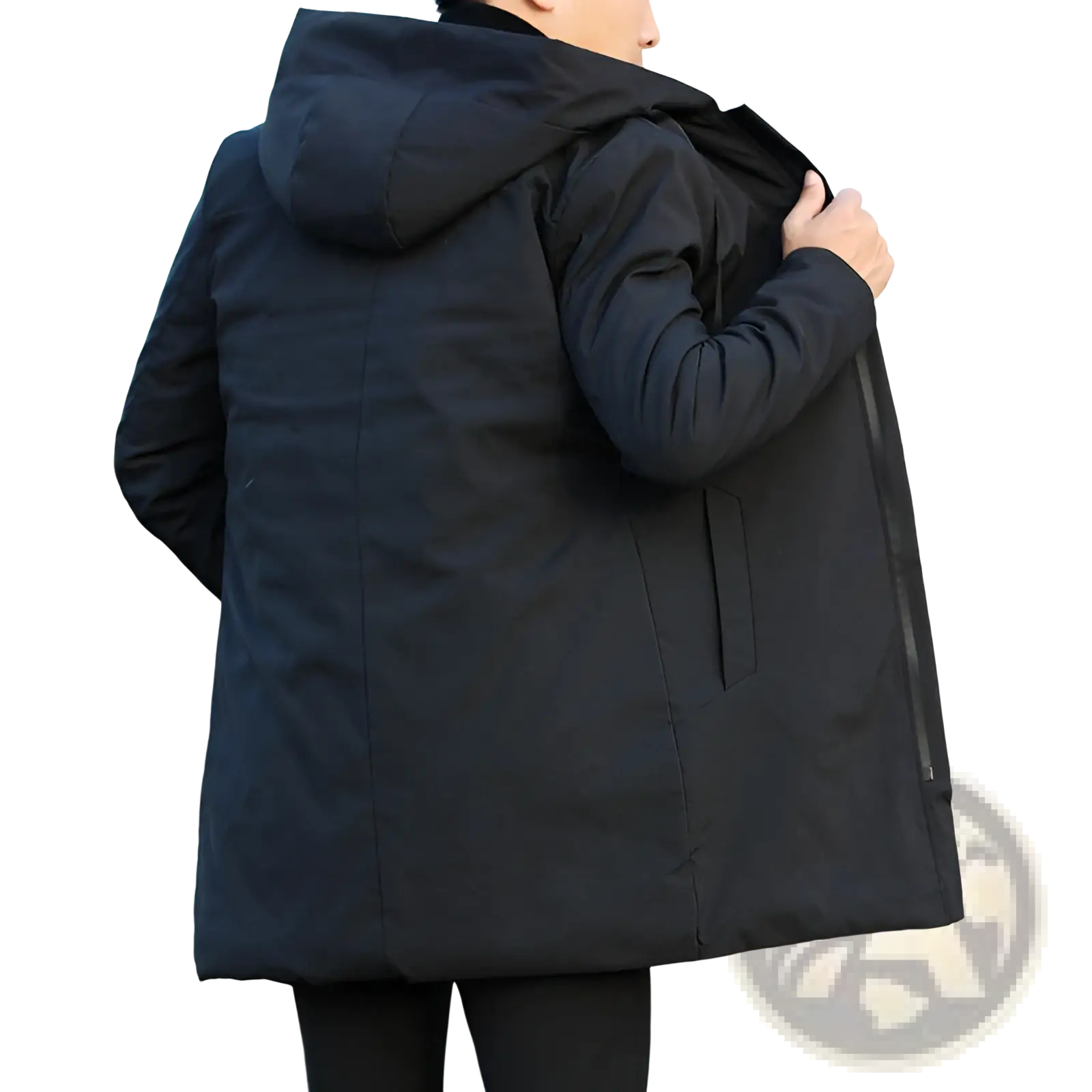 Men thick hooded winter jacket in black puffer style with zipper closure designed for cold weather protection