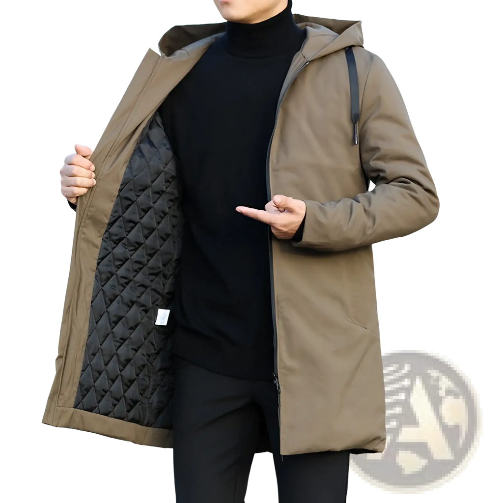 Men thick hooded winter jacket in brown with a quilted black interior lining for warmth and comfort