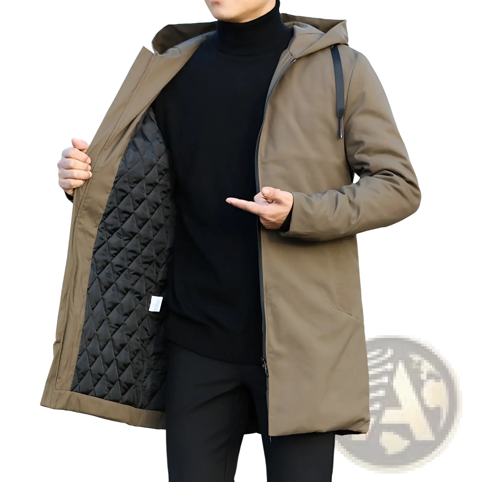 Men thick hooded winter jacket in brown with a quilted black interior lining for warmth and comfort
