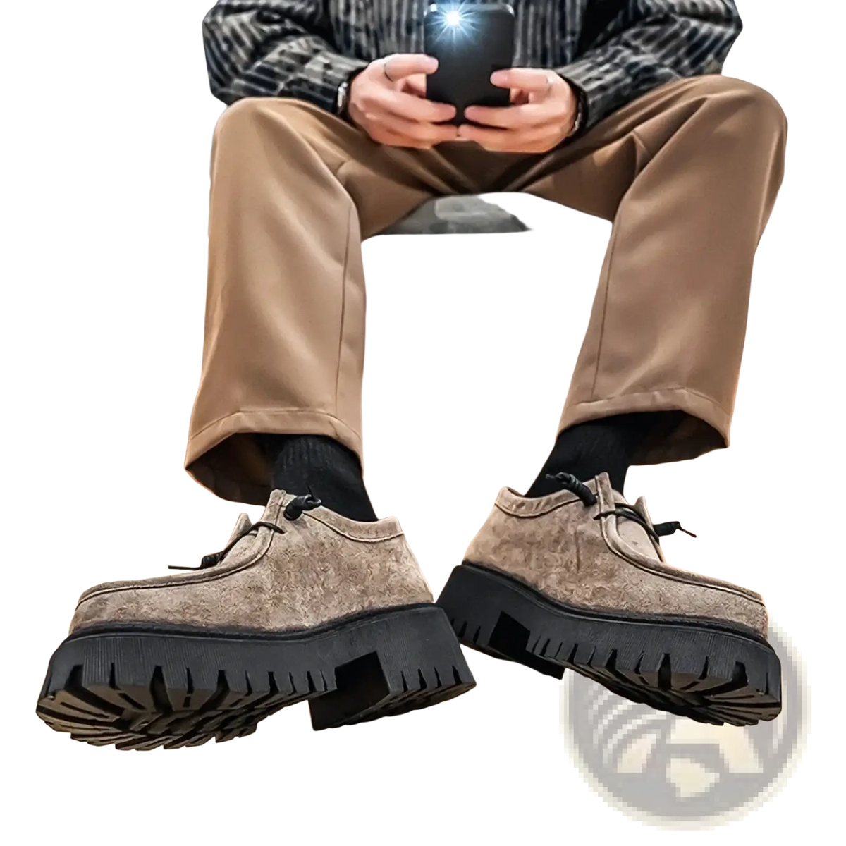 Men thick sole suede casual platform sneakers in beige with lace-up design and black rubber chunky soles