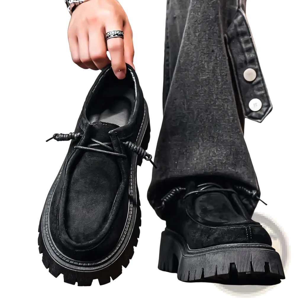 Black suede lace-up loafers with thick rugged soles and braided laces for men casual platform sneakers