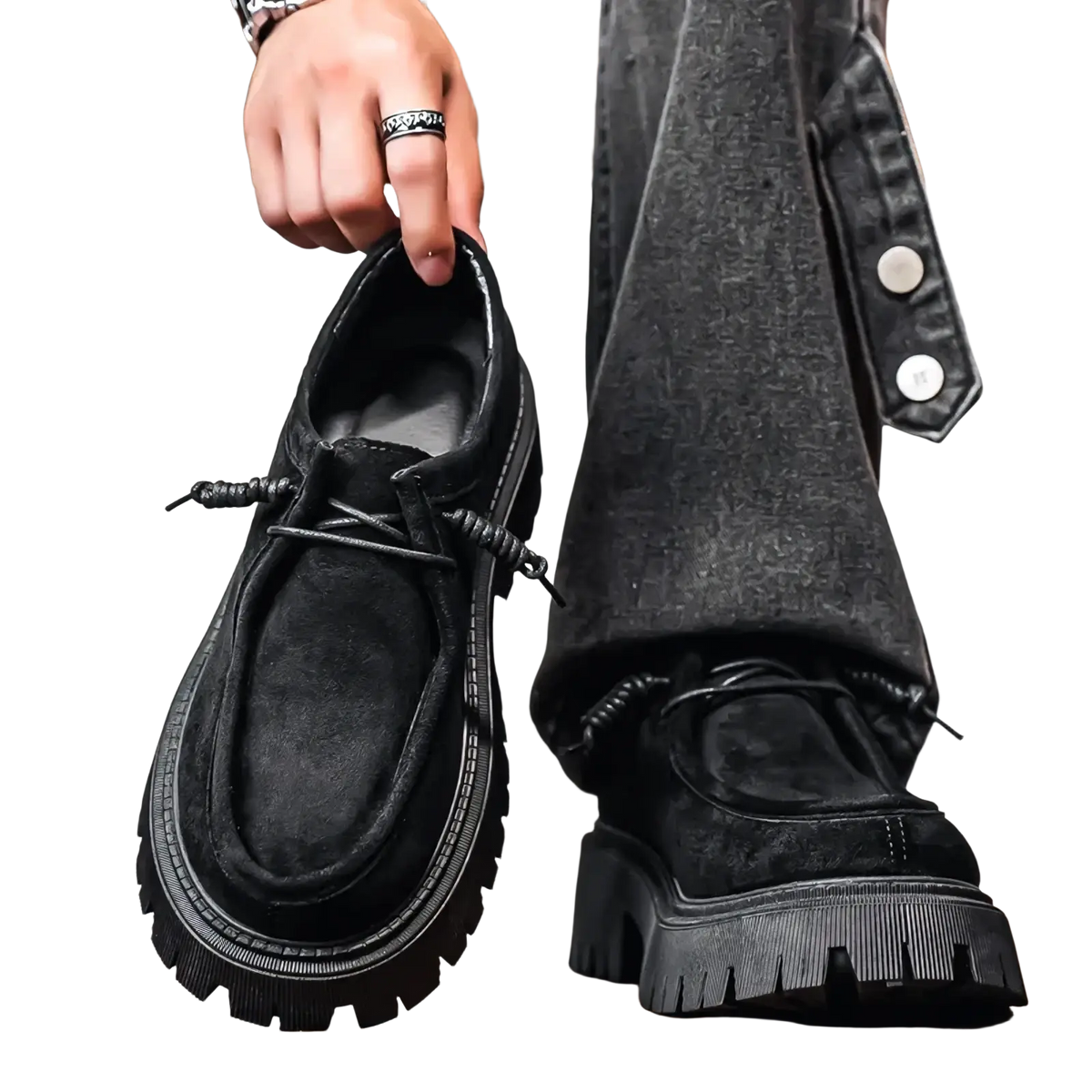 Black suede lace-up loafers with thick rugged soles and braided laces for men casual platform sneakers