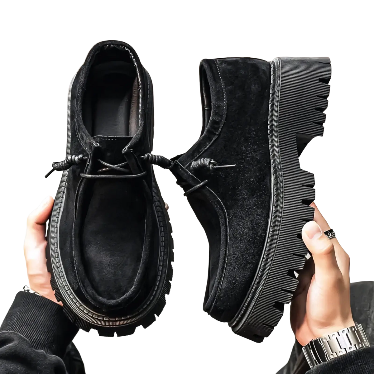 Black suede lace-up men thick sole casual platform sneakers with thick textured rubber soles for everyday wear