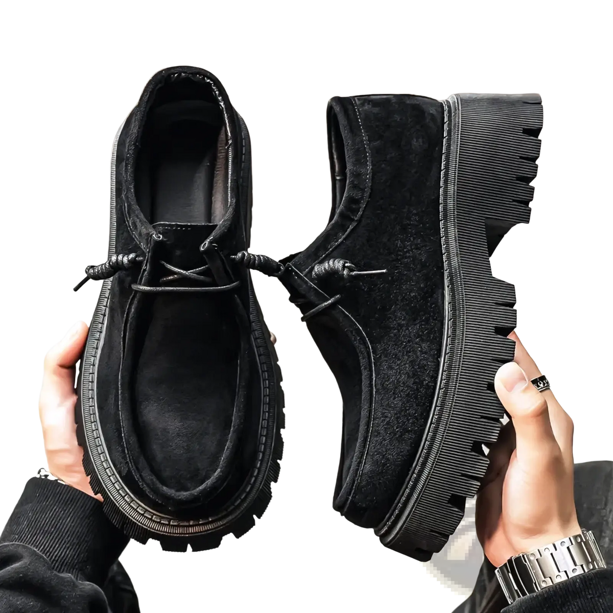 Black suede lace-up men thick sole casual platform sneakers with thick textured rubber soles for everyday wear