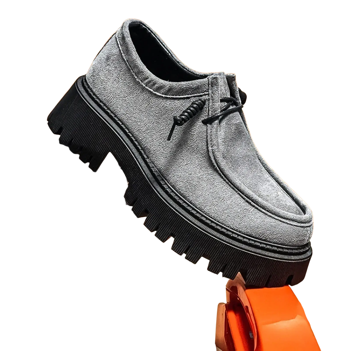 Gray suede lace-up men thick sole casual platform sneaker with a thick black rubber sole
