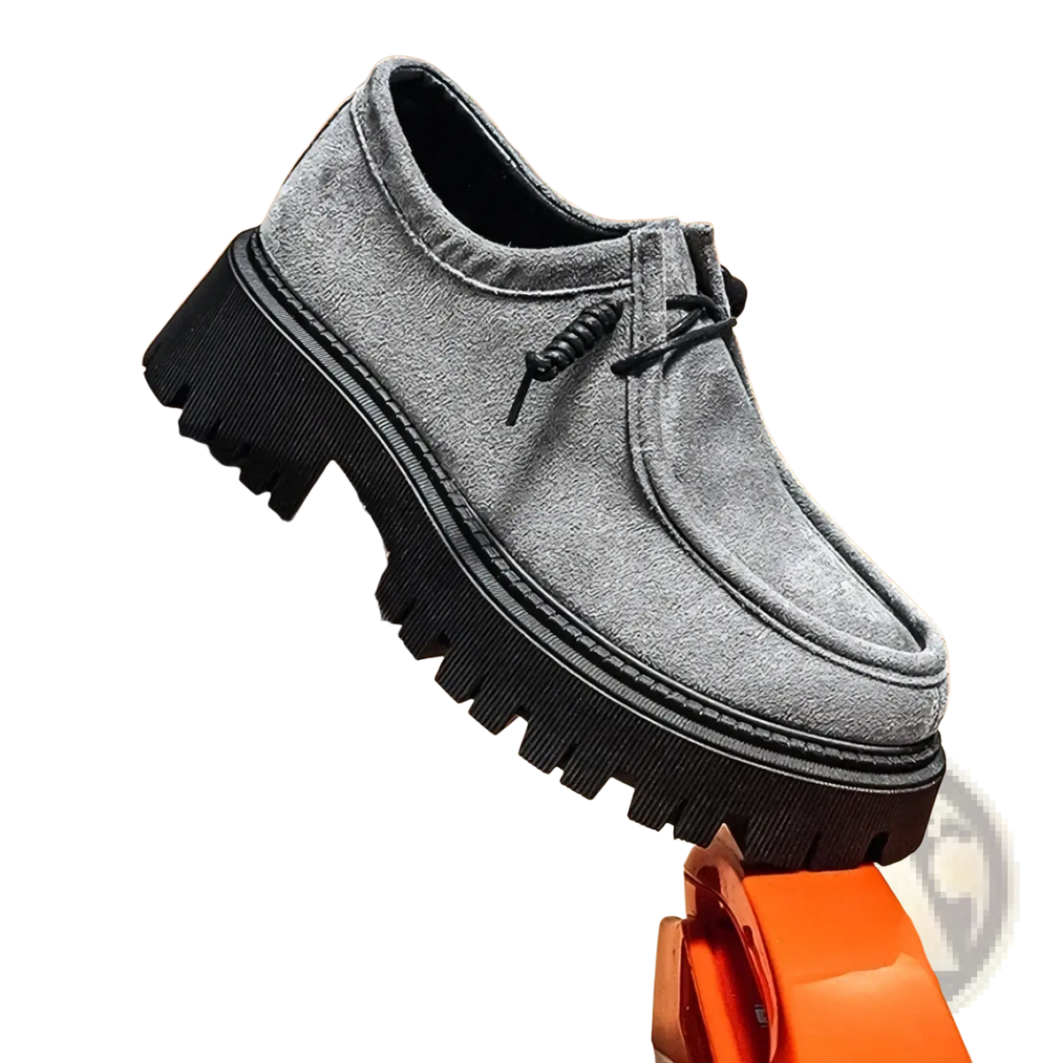 Gray suede lace-up men thick sole casual platform sneaker with a thick black rubber sole