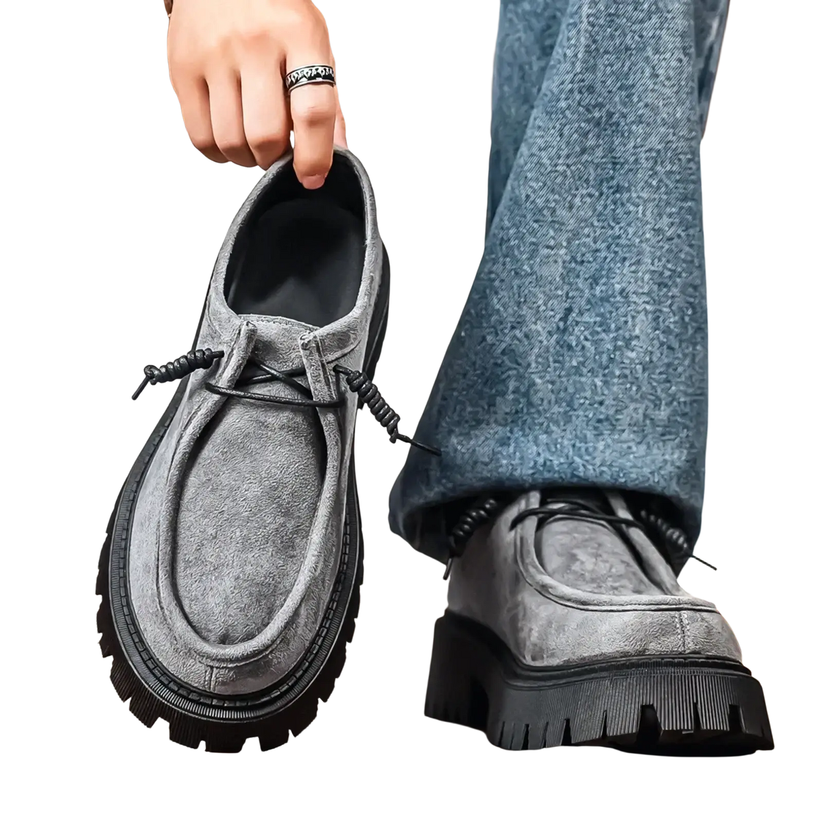 Men thick sole suede casual platform sneakers in gray with braided laces and black rubber soles