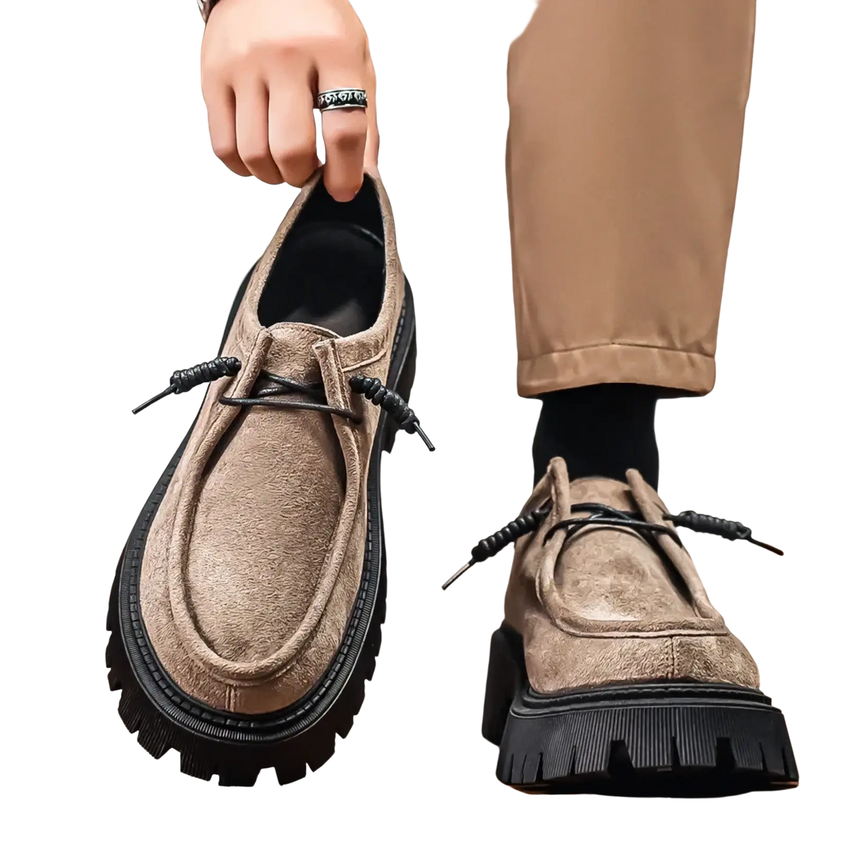 Men thick sole suede casual platform sneakers in tan with braided laces and black rubber thick soles