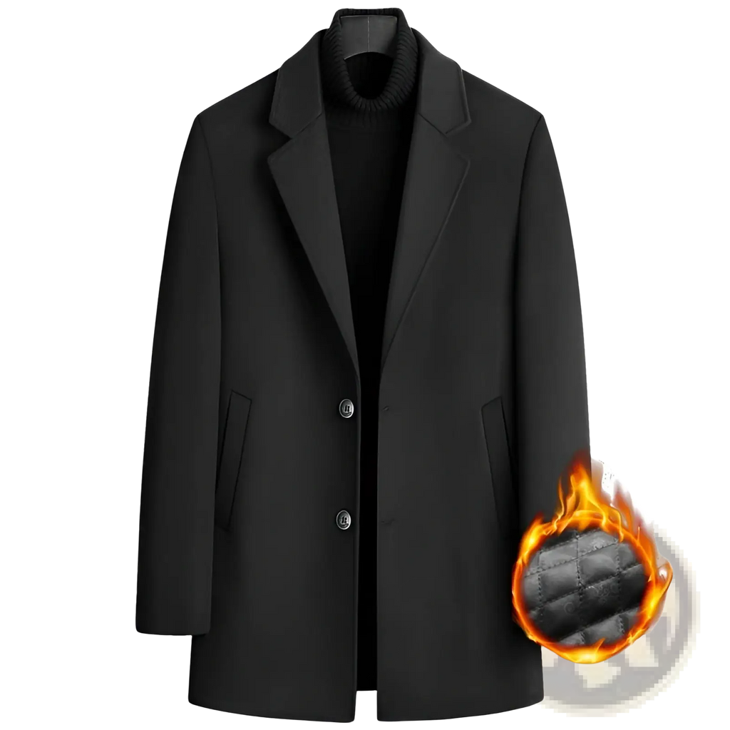 Black thick wool overcoat for men with classic collar two front buttons and quilted lining for winter warmth
