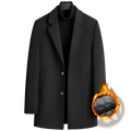 Black thick wool overcoat for men with classic collar two front buttons and quilted lining for winter warmth