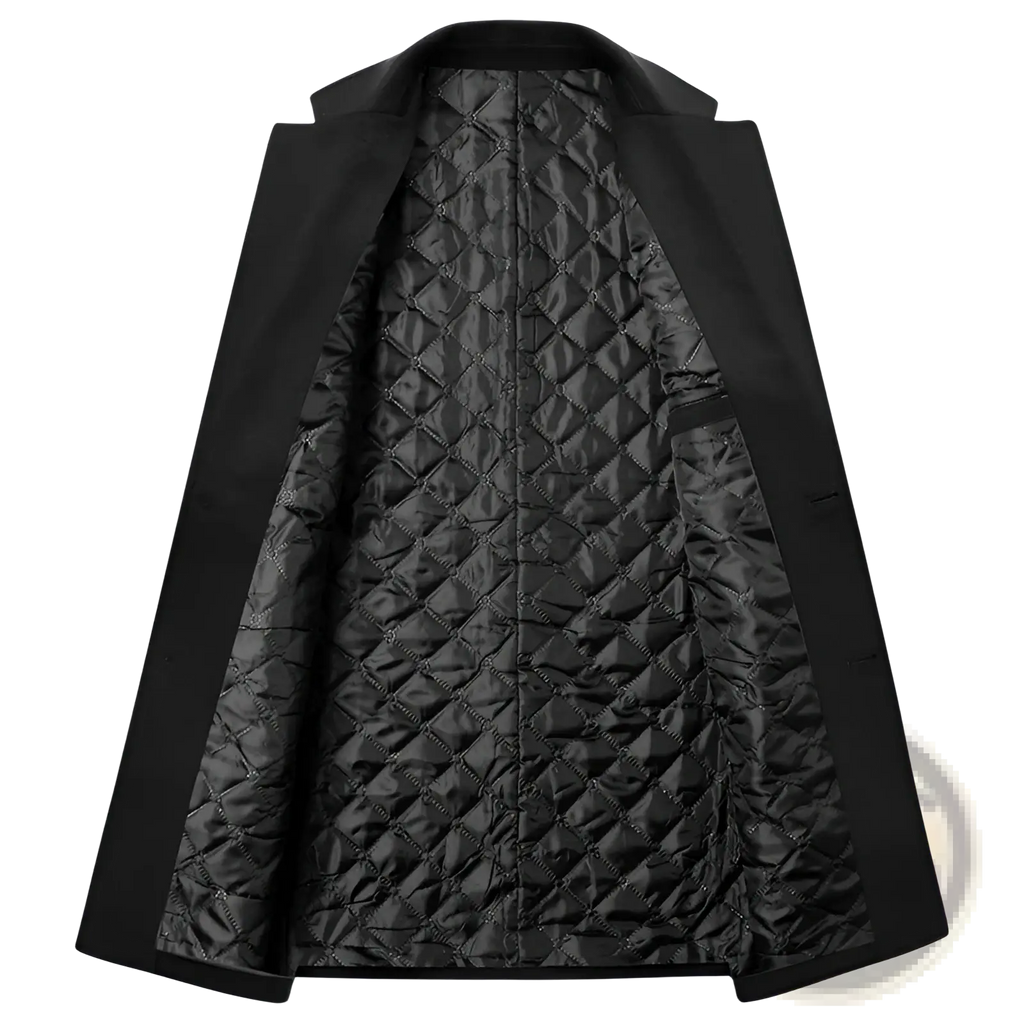 Black quilted wool overcoat with diamond-stitched lining for warmth in a men thick wool winter jacket