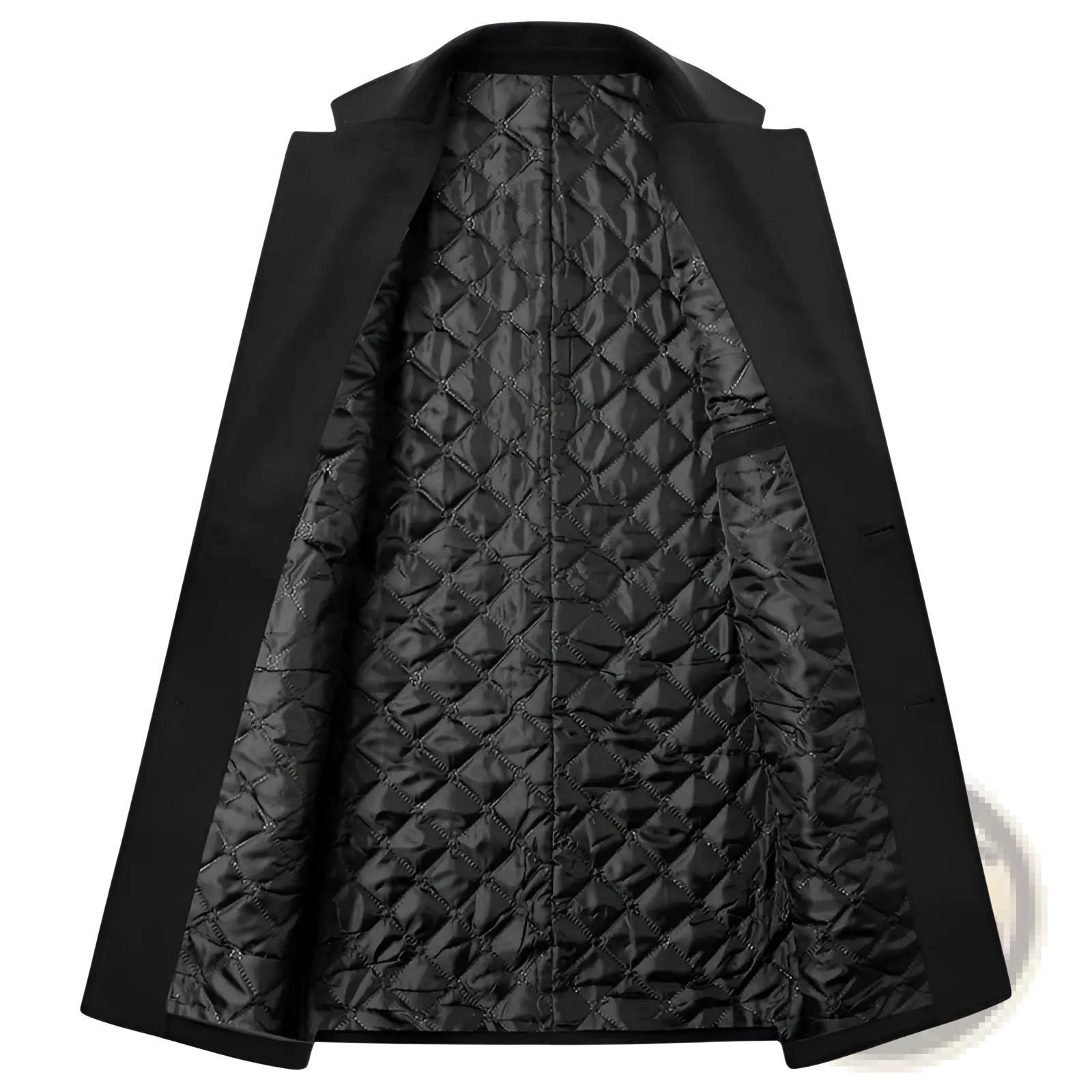 Black quilted wool overcoat with diamond-stitched lining for warmth in a men thick wool winter jacket