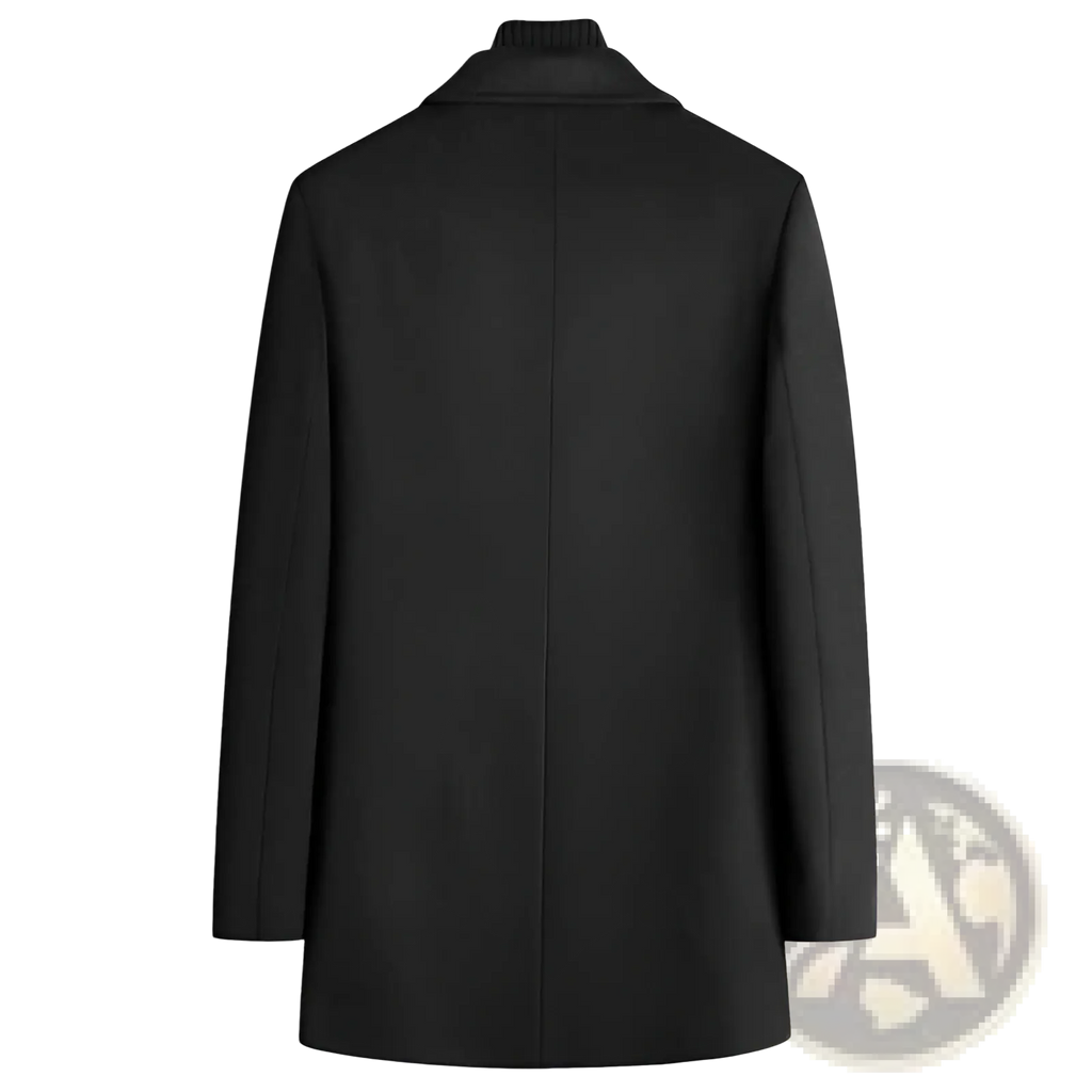 Black woolen coat with high collar and classic tailored fit perfect for warm winter outerwear