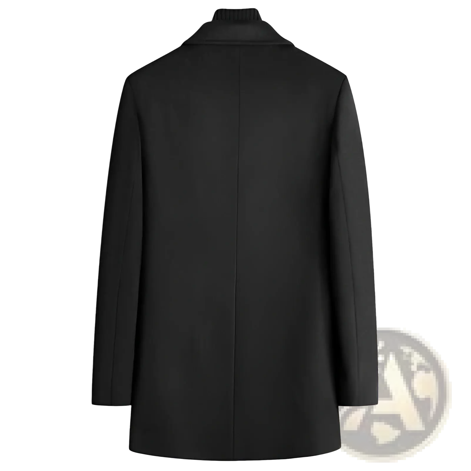 Black woolen coat with high collar and classic tailored fit perfect for warm winter outerwear