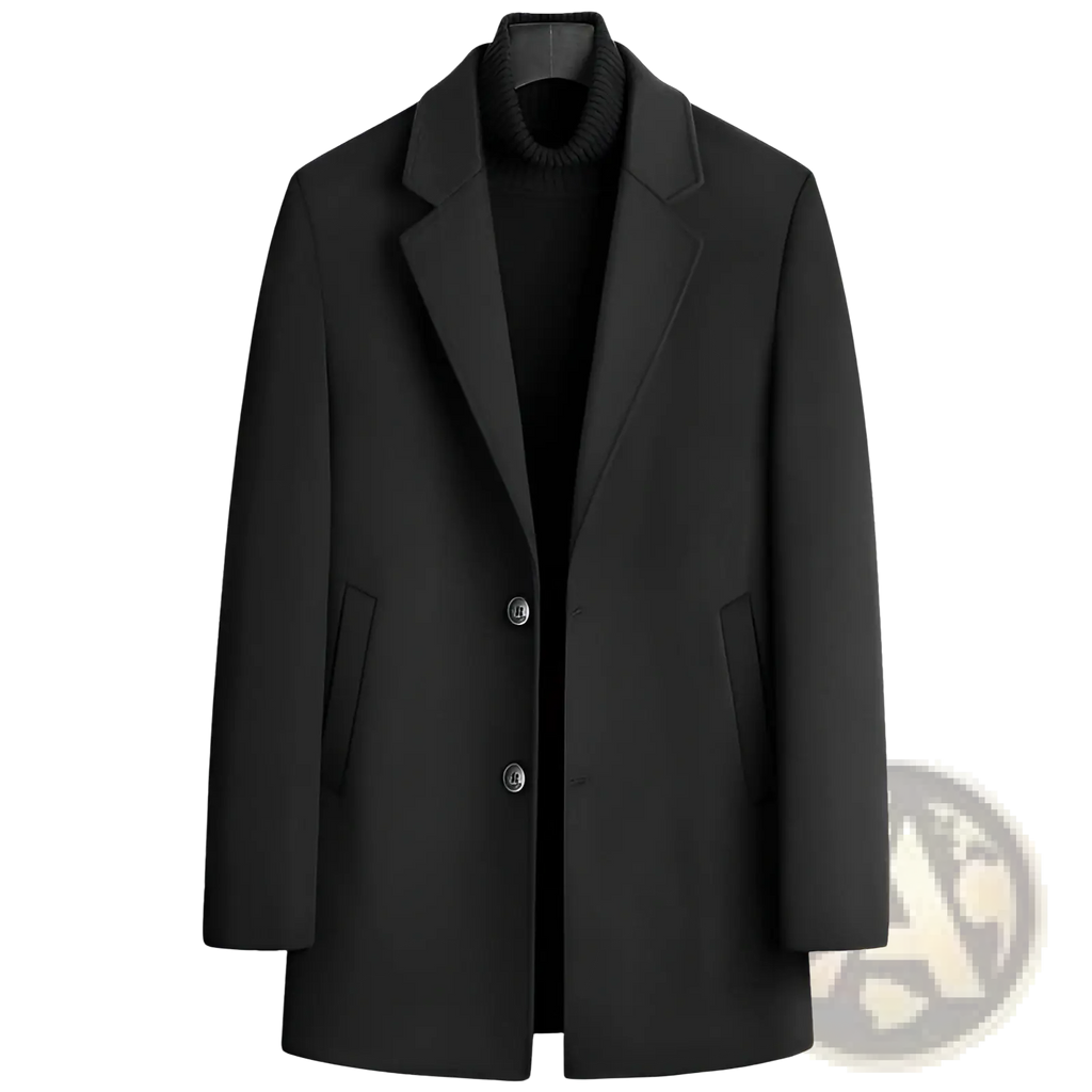 Black thick wool overcoat for men with notched lapels and two front pockets warm winter jacket